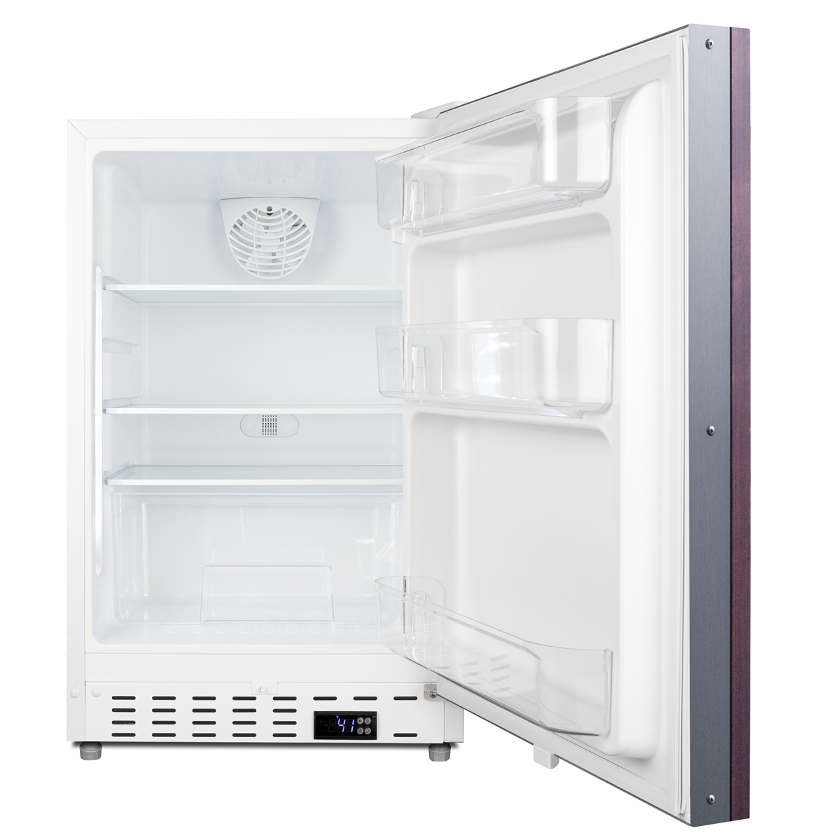 Built-in undercounter ADA compliant residential all-refrigerator in white with a panel ready door, door storage and automatic defrost operation